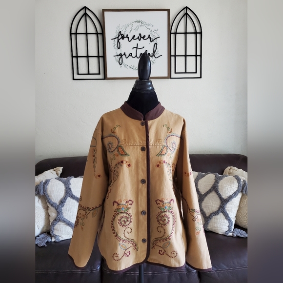 Denim & Co Brown Embroidered Paisley Print Jacket Women's Size 2X Boho Chic - Picture 1 of 9